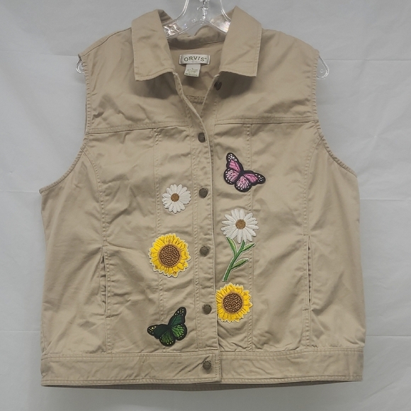 Safari Vest Khaki Beige Floral Butterfly Embroidery Patchwork Gorpcore Pockets - Picture 1 of 6